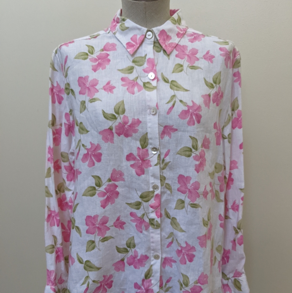 Parisian works women button down floral shirt 100% linen